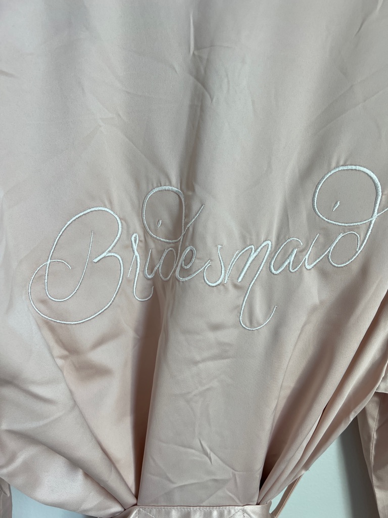 Embroidered 'Bridesmaid' Satin Charmeuse Robe In Light Blush Pink Size L — image 8 of 8